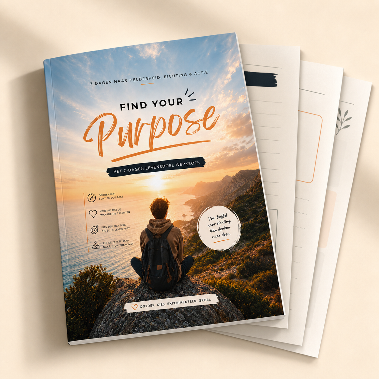 Digitaal werkboek Find Your Purpose in 7 Dagen met zonsopgang aan zee op de cover